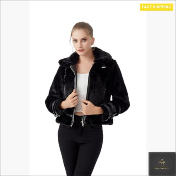 Faux Fur Cropped Jacket Belted Winter Coat Fuzzy Cuff Zipper Chic Warm - Picture 4 of 7